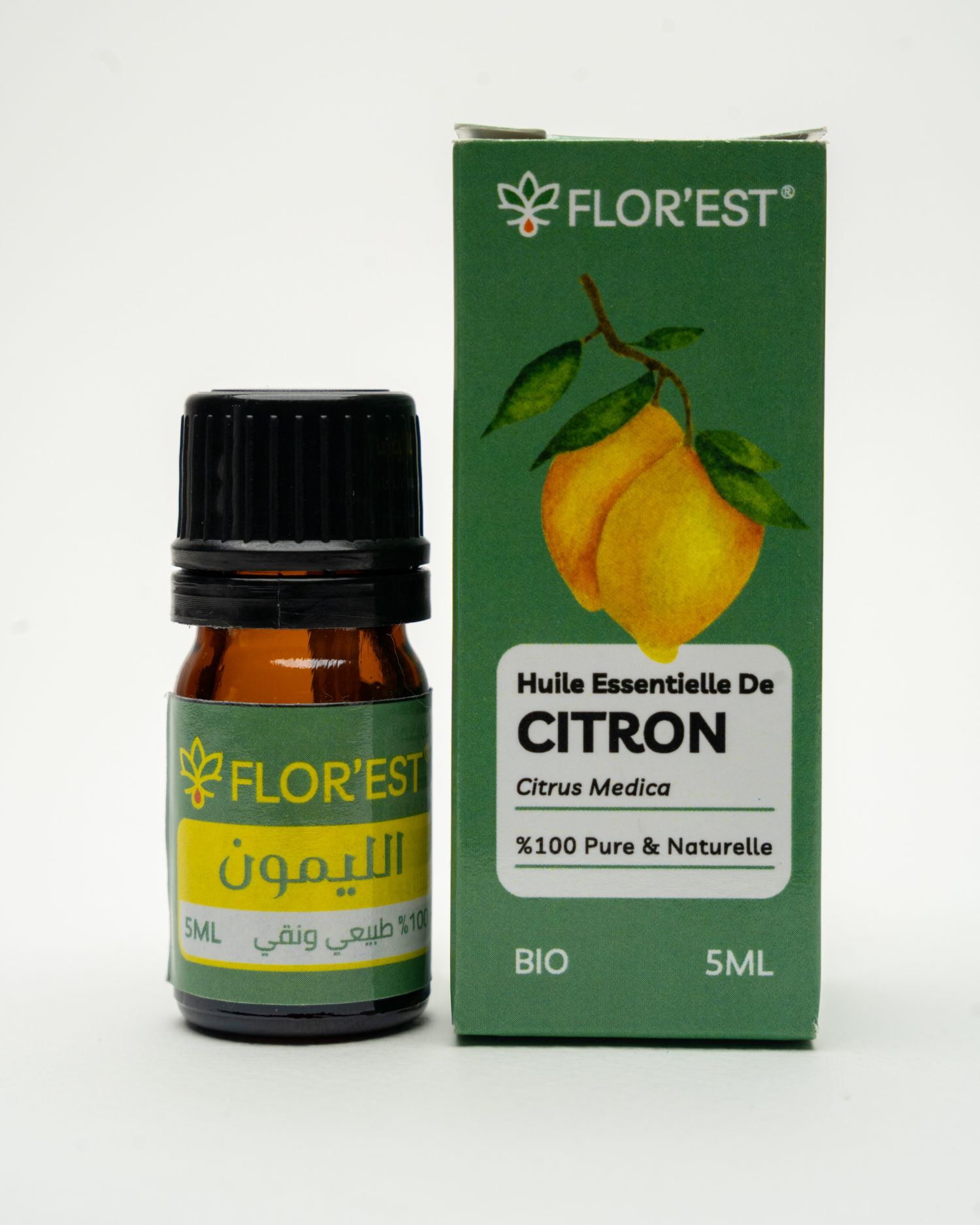 green packaging with lemon illustration with a small essential oil bottle