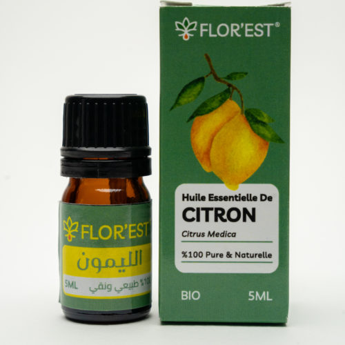 green packaging with lemon illustration with a small essential oil bottle